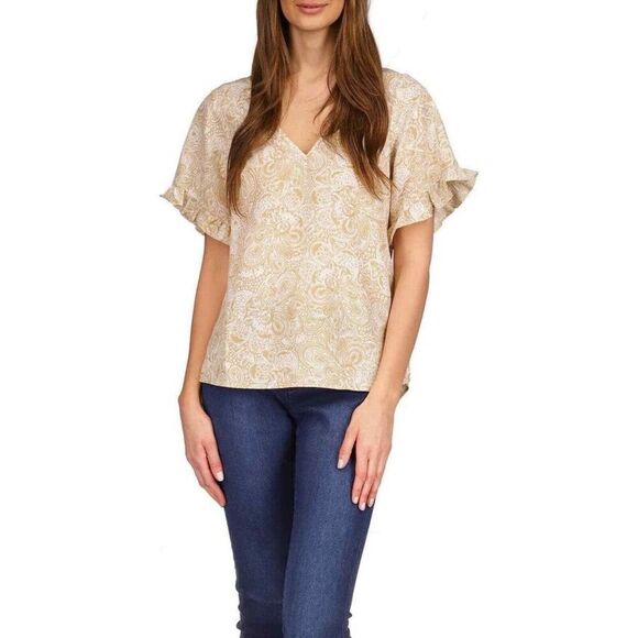 MICHAEL KORS PAISLEY-PRINT RUFFLED-SLEEVE TOP in Khaki, XS $98 MSRP - Picture 1 of 5